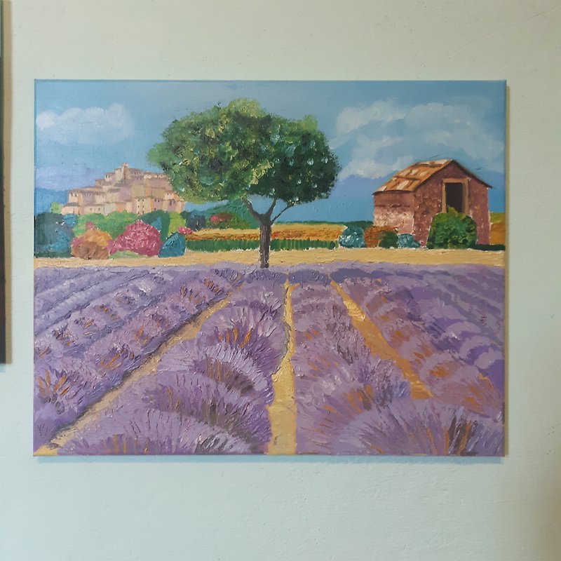 Original Oil painting Lavender by Andriy Stadnyk Landscape 19,7*15,8 in 50*40 cm - ตกแต่งผนัง - วัสดุอื่นๆ หลากหลายสี