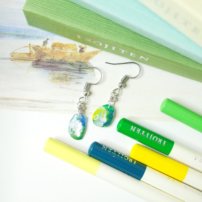 Hand-painted earrings, ear hooks/ Clip-On during the Great Summer Festival - Earrings & Clip-ons - Waterproof Material Green