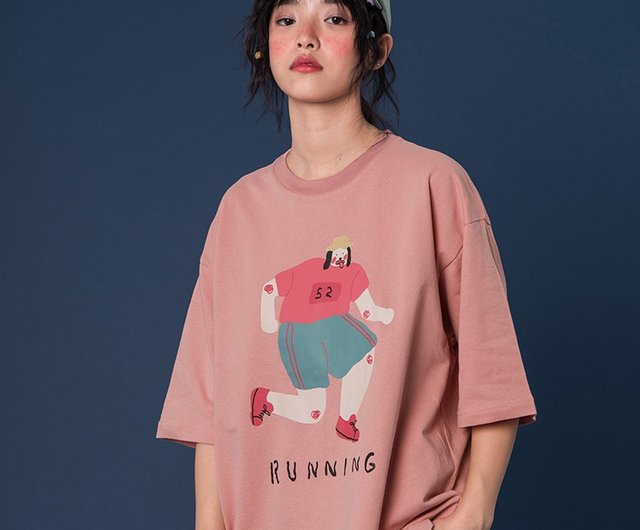 丸首ピンク半袖Tシャツ女性ルーズ日本人レトロトップスTシャツ