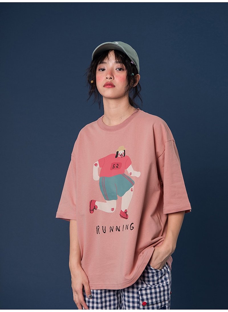 odd maker running round neck pink short-sleeved t-shirt female loose Japanese retro top Tee - Women's T-Shirts - Cotton & Hemp 