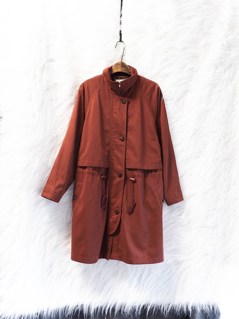 Nagano brick red autumn maple simple antique thin material drawstring zipper windbreaker jacket trenchcoat dustcoat - Women's Casual & Functional Jackets - Cotton & Hemp Red