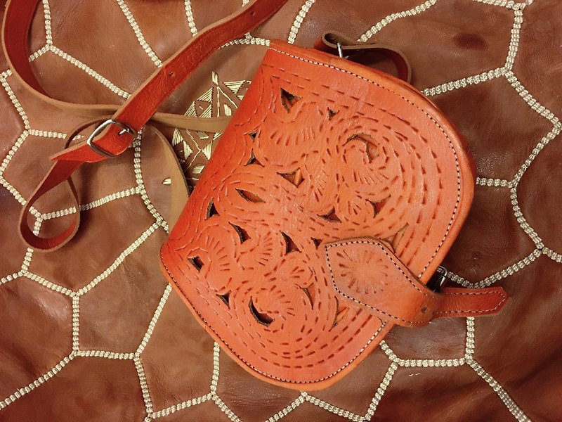 Moroccan Marrakech blood orange hollow carved carved bag - Messenger Bags & Sling Bags - Genuine Leather Orange