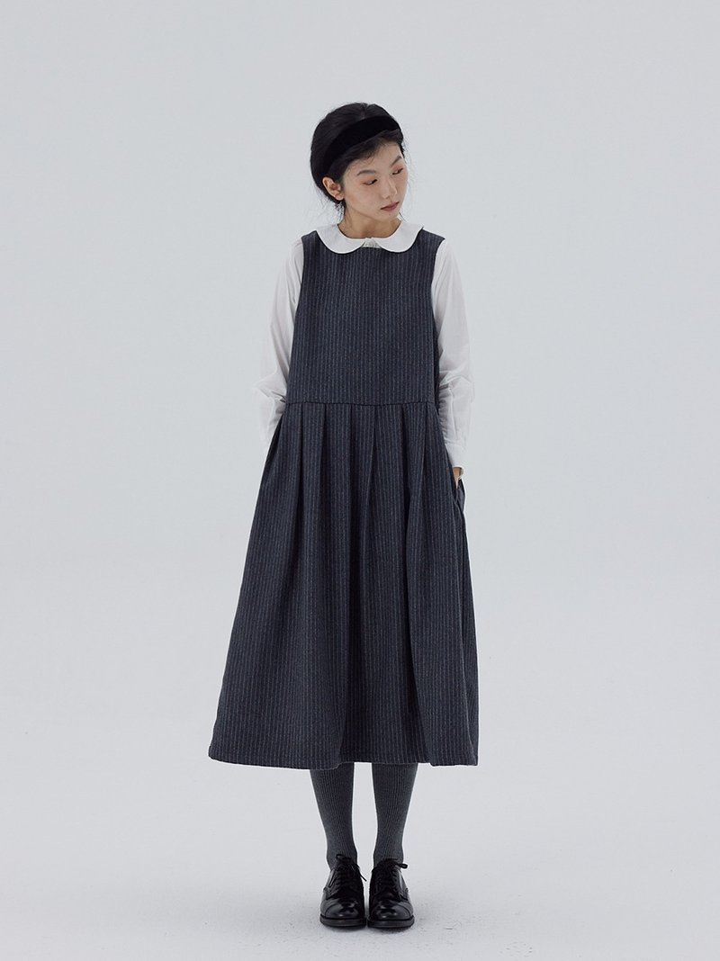 Autumn and winter gray smoke gray vertical striped wool vest skirt - ชุดเดรส - ขนแกะ สีน้ำเงิน