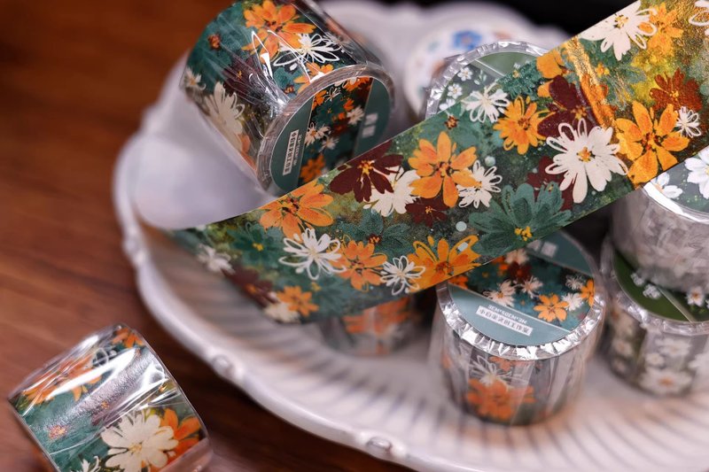 青墨 レトロで素朴な小花柄、万能なベースに和紙手帳用マスキングテープ - マスキングテープ・PET テープ - 紙 カーキ