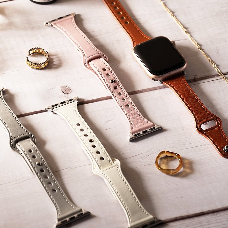 Apple watch-One-studded inner buckle leather waist apple strap - สายนาฬิกา - หนังแท้ ขาว