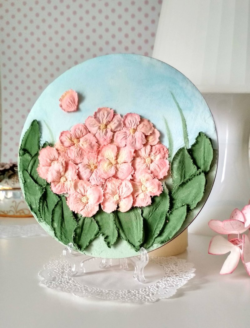 Round small painting with hydrangea Floral painting gift Hydrangea wall decor - 壁貼/牆壁裝飾 - 其他材質 藍色