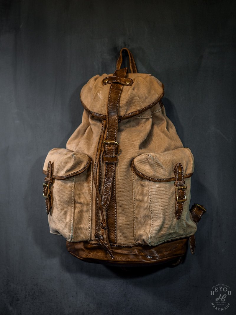Distressed Canvas Leather Backpack 復古後背包- 卡其深咖 - 後背包/背包/書包 - 其他材質 多色