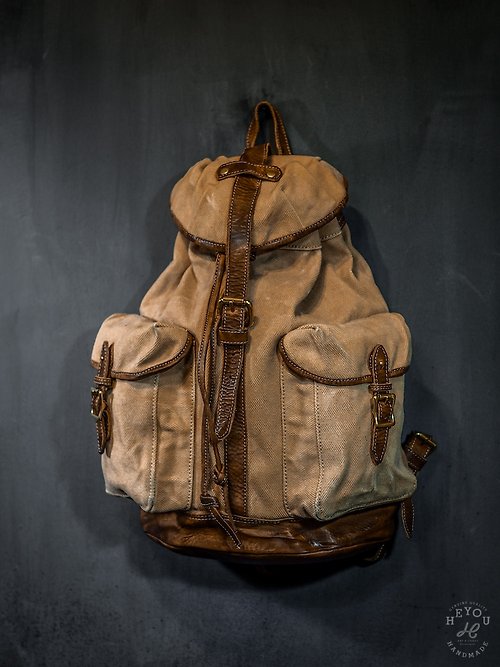 HEYOU Art&Craft Department Distressed Canvas Leather Backpack 復古後背包- 卡其深咖