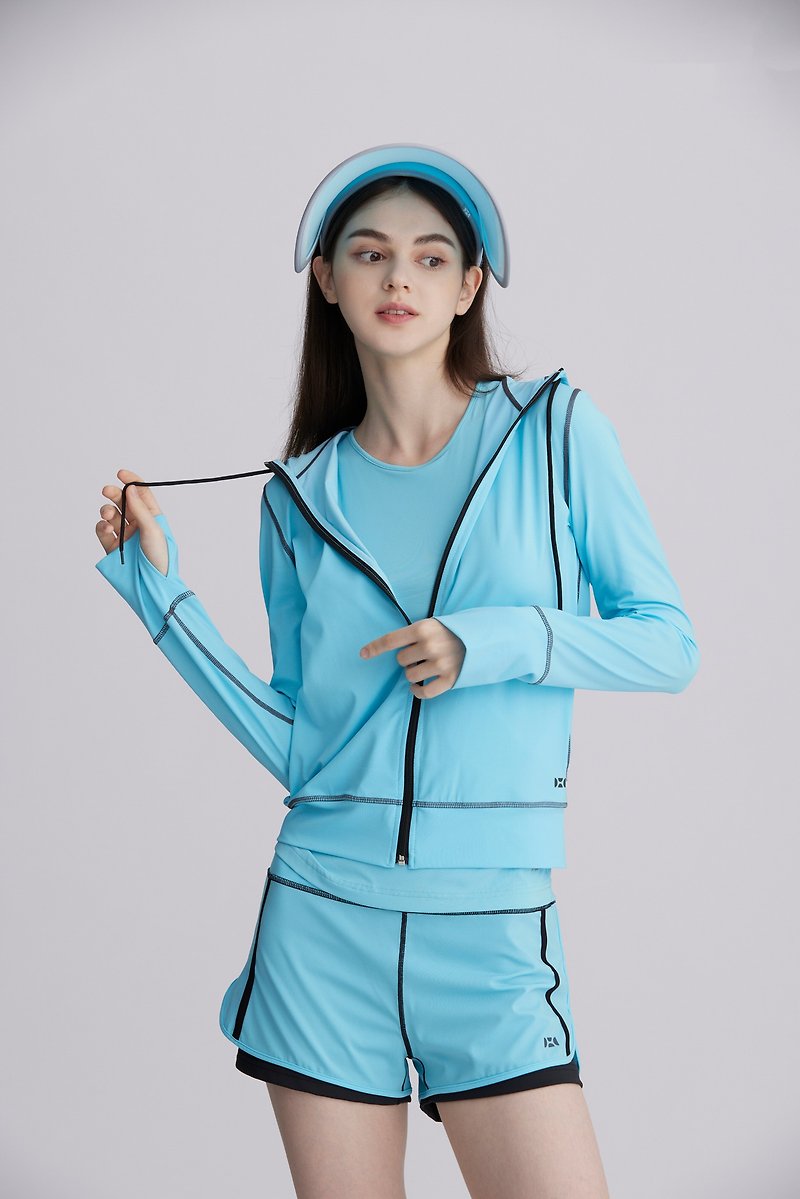 風格時尚連帽T-藍 - 女上衣/長袖上衣 - 聚酯纖維 藍色