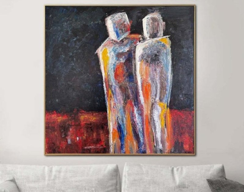 Large Abstract Couple Humans Paintings on Canvas Figurative Art  Dark Original - Wall Décor - Acrylic Multicolor