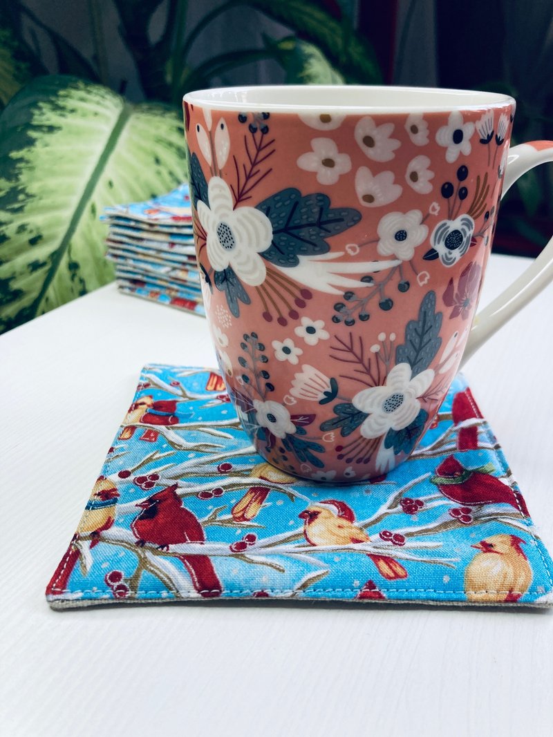Mug Coasters Set of 4 Birds - 杯墊 - 亞麻 藍色