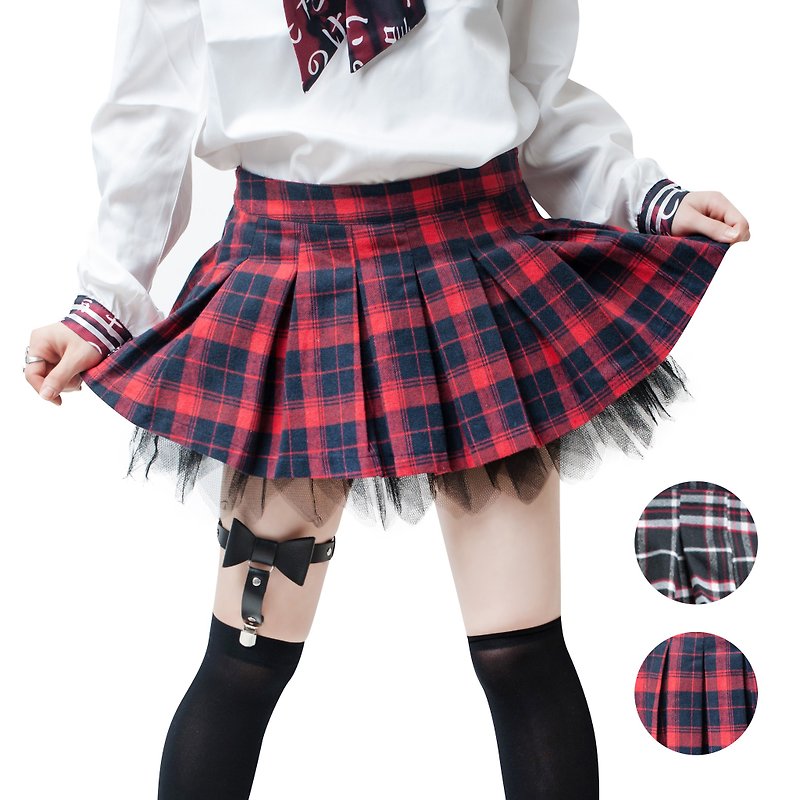 Goth lolita scottish St. Ivy academy preppie tartan mini lace hem skorts【JJ2058】 - Skirts - Cotton & Hemp Red