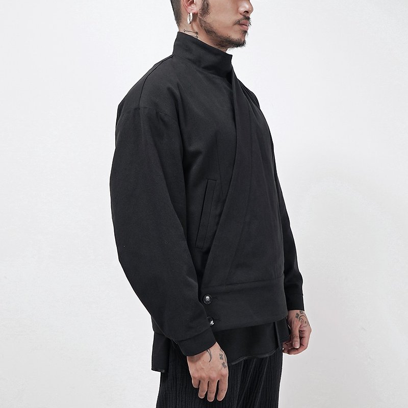 復古中國風曲領漢服式工裝感長袖外套短夾克 - 男夾克/外套 - 棉．麻 黑色
