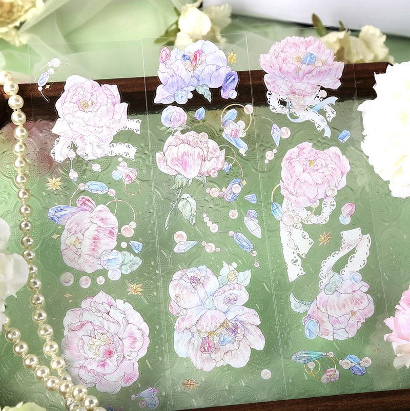 春芍藥 淡色系の優しい大花と寶石 PET 和紙膠帶 (kiss-cut) - 紙膠帶/和紙/PET - 其他材質 粉紅色