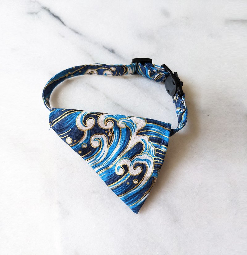 Cat Collars and Scarves Japanese Blue Wave Cat Safety Collar - Collars & Leashes - Cotton & Hemp Blue