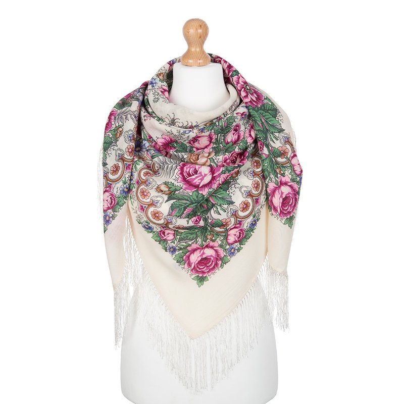 Pavlovo Posad Russian Shawl 100% Wool Scarf 125x125 cm Wrap Silk Fringe 555-1 - 絲巾 - 羊毛 白色