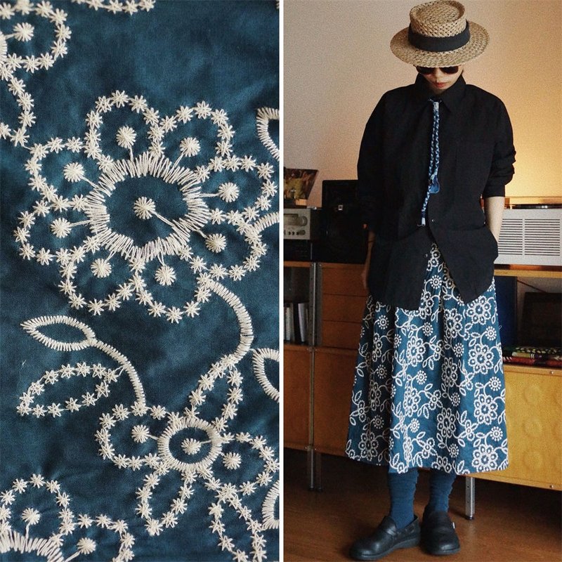 黛青色 口袋款復古半身裙 亞麻花朵刺繡面料 鬆緊腰休閒 - 裙子/長裙 - 棉．麻 藍色