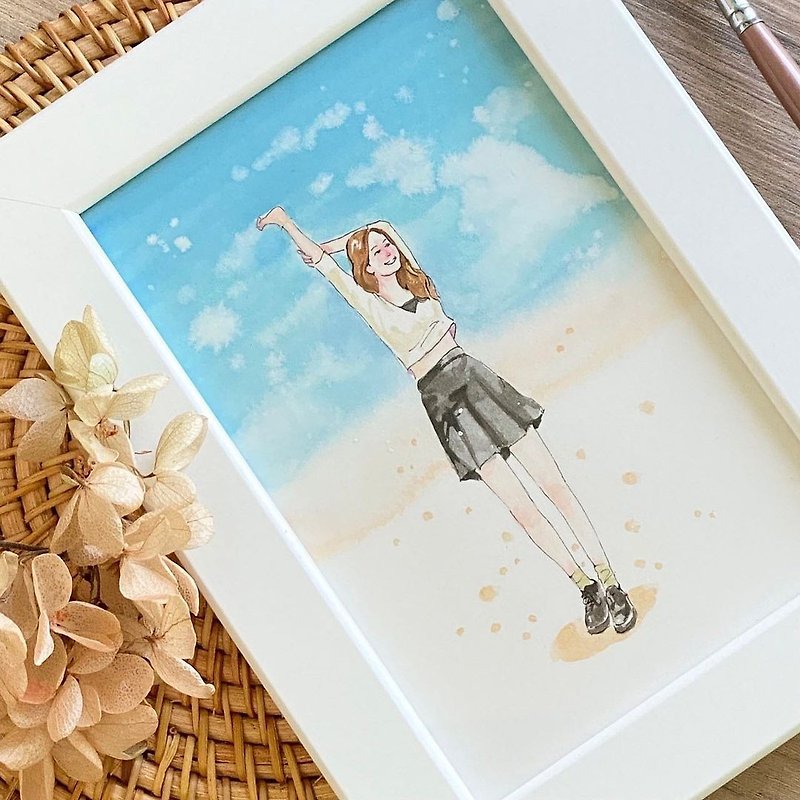 Huma spots hand-painted warm portrait watercolor custom painting like face painting natural scenery background full body customization - กรอบรูป - กระดาษ สีน้ำเงิน