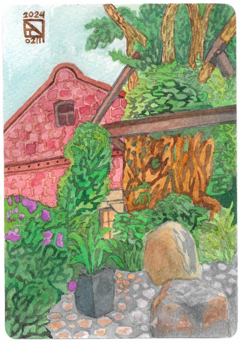 Original paintings for sale_Watercolor_Rongjin Time Life Park Trees and Houses - Cards & Postcards - Paper Multicolor