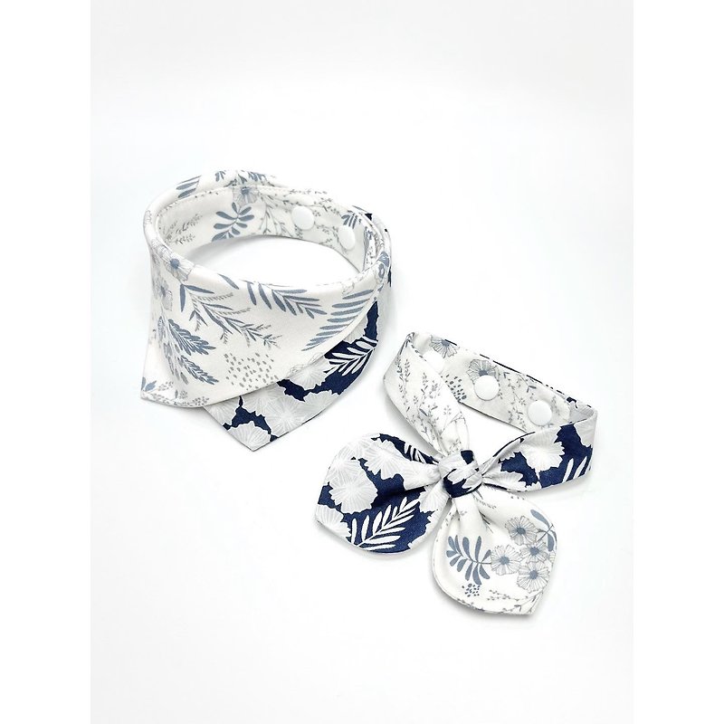 Blue and white flowers_ pet scarf/bow tie - Collars & Leashes - Cotton & Hemp Blue