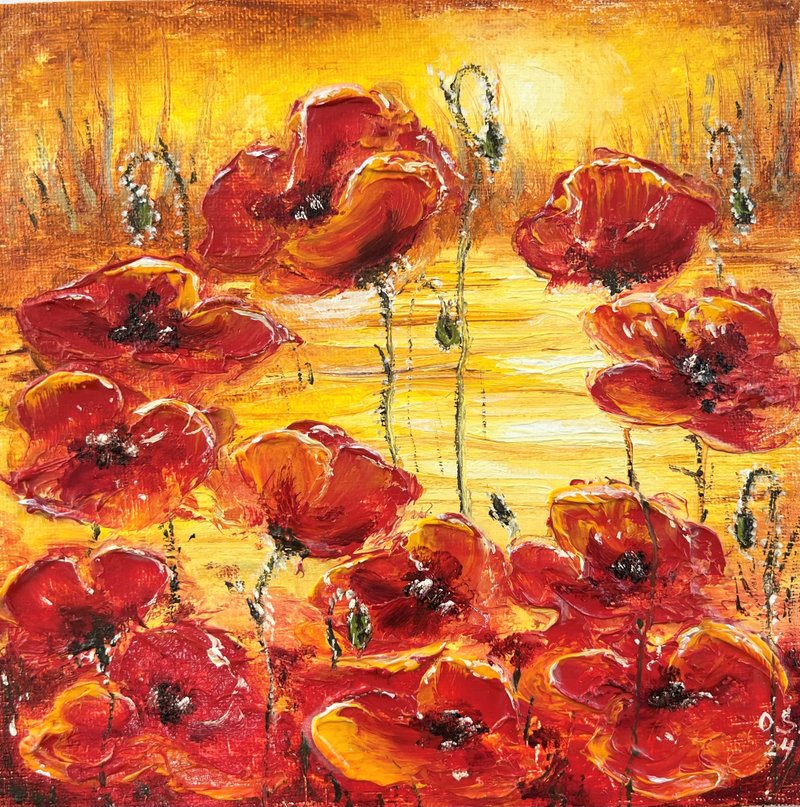 Poppies Painting Floral Original Art 20x20 cm/ 8x8 inch by Oksana Stepanova - 海報/掛畫/掛布 - 棉．麻 多色