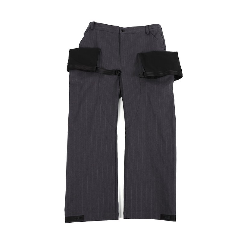 Space-adjustable wide trousers - gray stripe - กางเกงขายาว - ผ้าฝ้าย/ผ้าลินิน หลากหลายสี