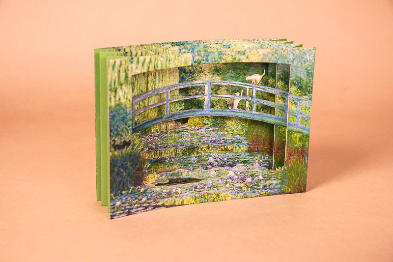 【立體名畫卡片】莫內 睡蓮和日本橋 / 嬉戲的貓咪 -精美萬用卡 - 卡片/明信片 - 紙 綠色
