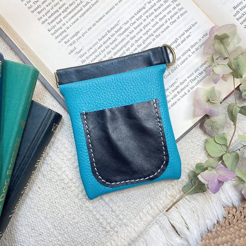 Simple contrast color shrapnel coin purse-business card holder / card storage / key - Coin Purses - Genuine Leather Blue