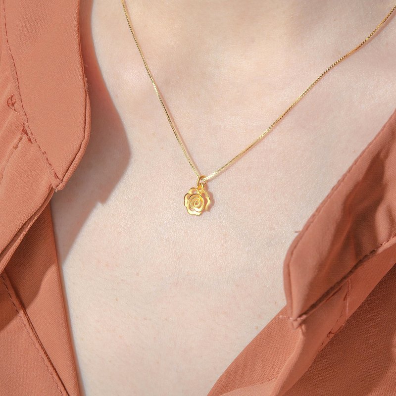 藏寶箱金飾 9999黃金純金 氣質立體玫瑰花朵墜子/項鍊 - 項鍊 - 24k 金 金色