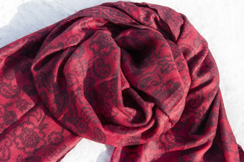 喀什米爾Cashmere/羊絨圍巾/純羊毛圍巾披巾/戒指絨披肩 聖誕節禮物 交換禮物 母親節 父親節-紅色花朵 - 圍巾/披肩 - 羊毛 多色