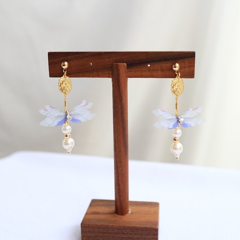  Dreamy organza Silk gift dragonfly pearl Blue lavender purple Drop Earrings - Earrings & Clip-ons - Silk Blue