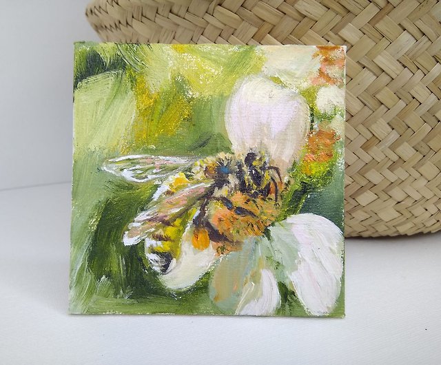 蜂の油絵オリジナルの昆虫の絵小さなアートワーク蜂の壁のアート 