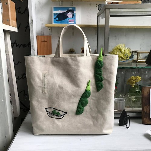 vivian bag1987 雙條綠豌豆手提袋/米白底