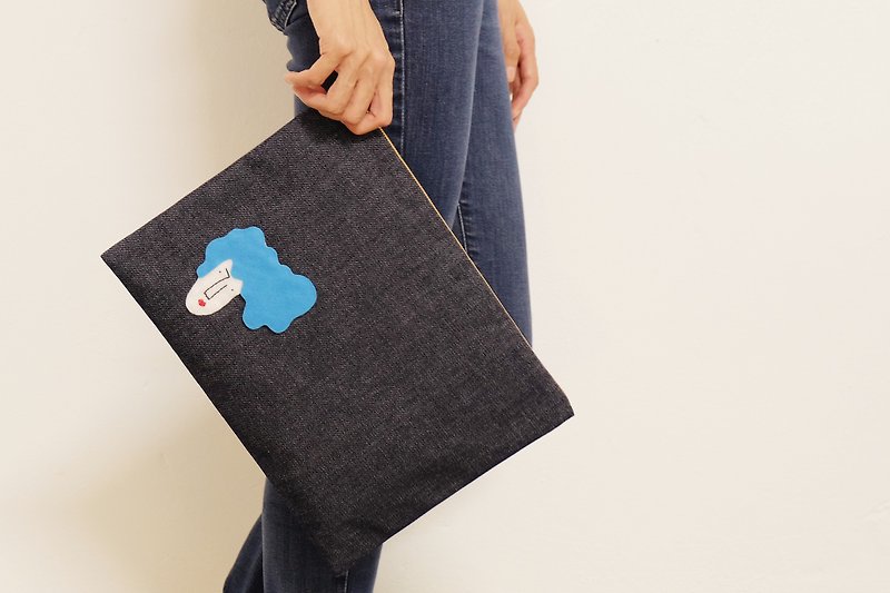 Miss Hairy Collection / Japanese Denim Fabric Clutch - Clutch Bags - Cotton & Hemp Blue