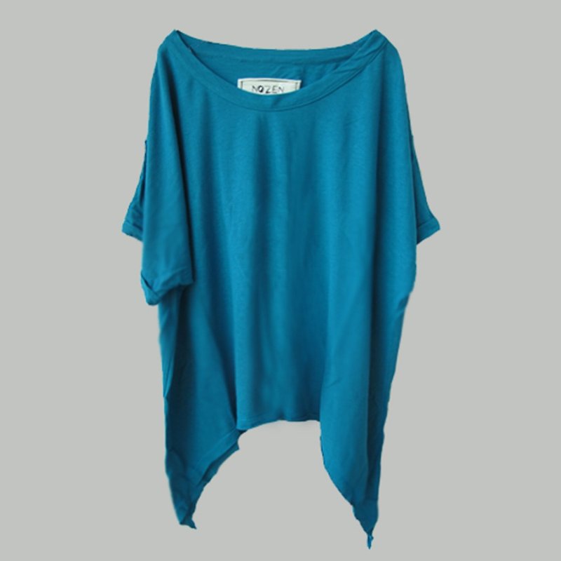 Blue Mid Length Loose Casual T-Shirt - เสื้อยืดผู้หญิง - ผ้าฝ้าย/ผ้าลินิน 