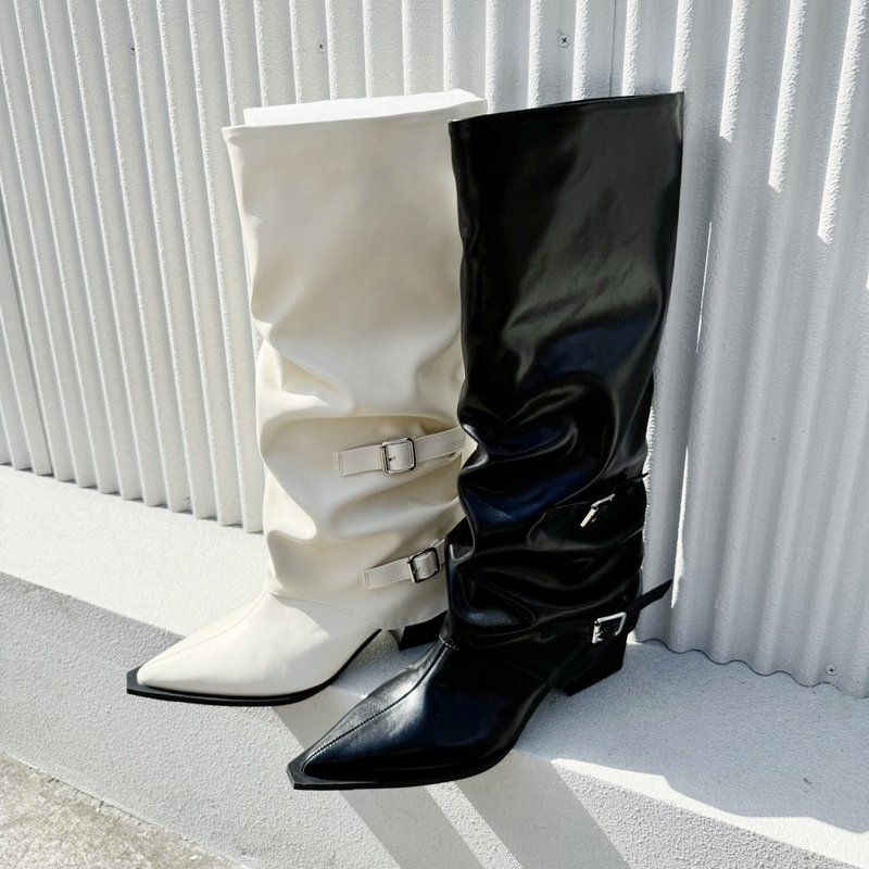 【I called Love】Fashionable pointed toe thick heel trouser boots - Women's Boots - Faux Leather White