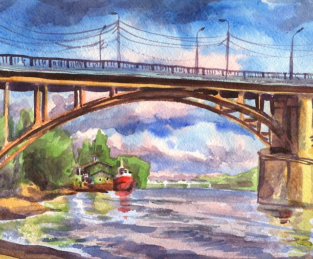風景オリジナル水彩画橋の船壁の絵 - ショップ MasterPainterZ