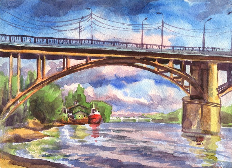 landscape ORIGINAL WATERCOLOR PAINTING bridge ship Picture on the wall