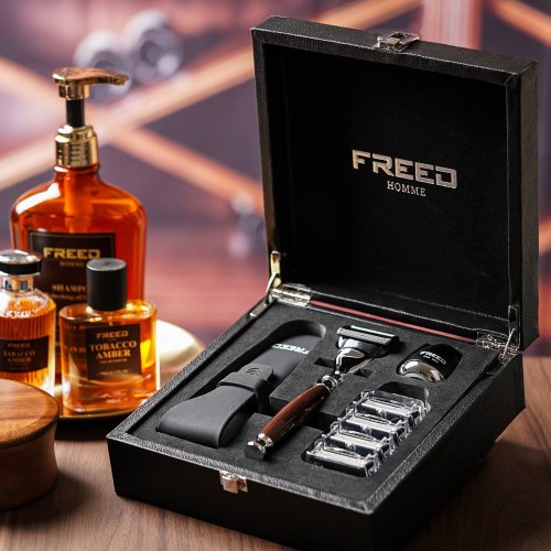 FREED 【FREED】尊爵四件組五刀式刮鬍刀禮盒-仿紫紅檀木 現貨 客製刻字