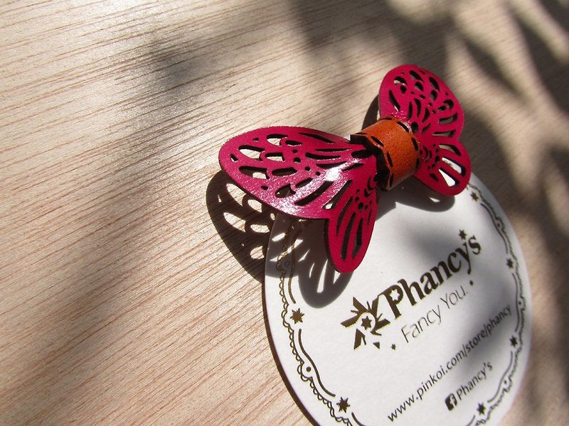 Butterfly leather bow hairpin / bangs folder / tie - pink - เครื่องประดับผม - หนังแท้ สึชมพู