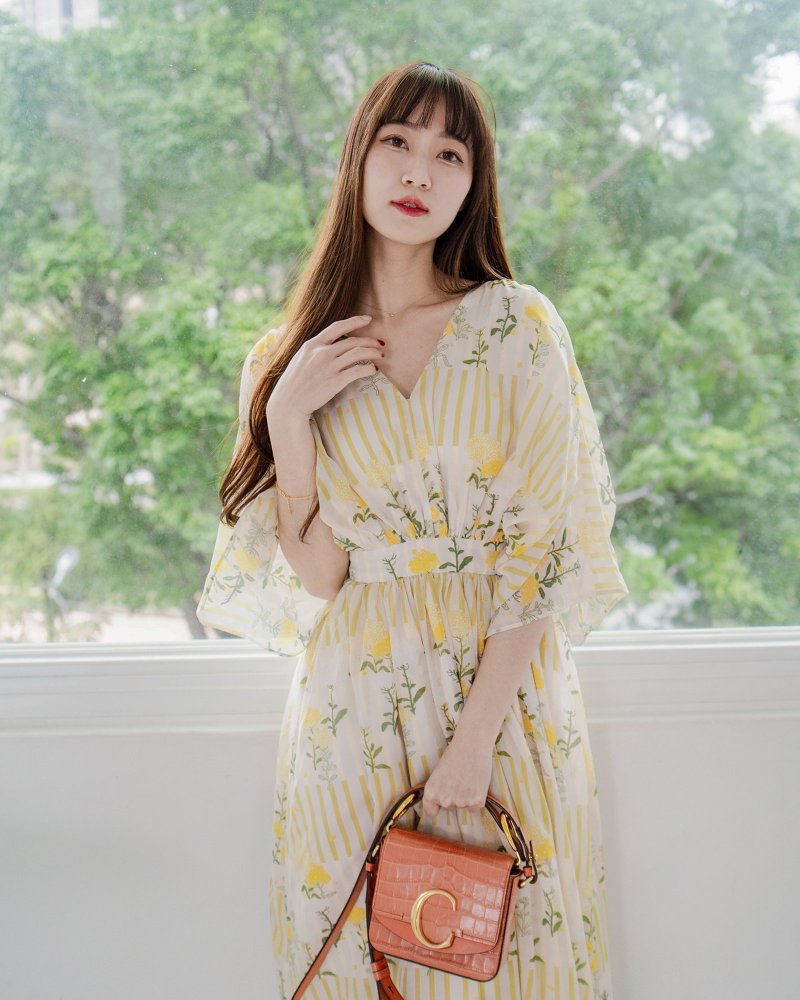 [Boli Print] Venus Goddess Dress V-Neck Japanese Chiba Rapeseed Long Dress - One Piece Dresses - Cotton & Hemp Yellow