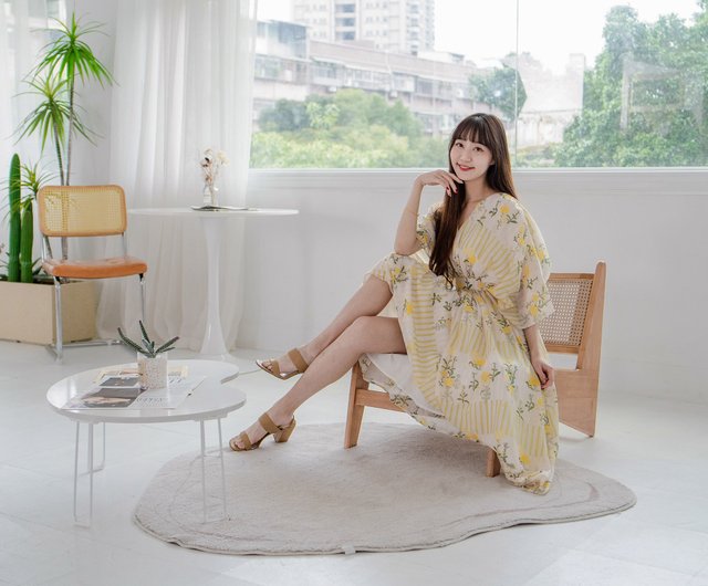 ボリプリント】Venus 女神ドレス Vネック日本製千葉菜の花ロング