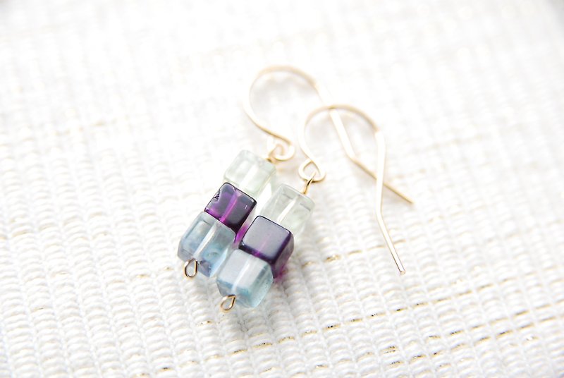 Cube type fluorite earrings no.1 14kgf - Earrings & Clip-ons - Gemstone Purple