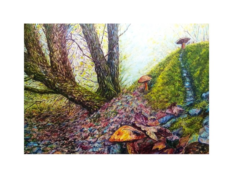 Forest Oil Painting,Landscape Wall Art,Mushrooms Canvas Painting,Original Art - ตกแต่งผนัง - ลินิน สีม่วง