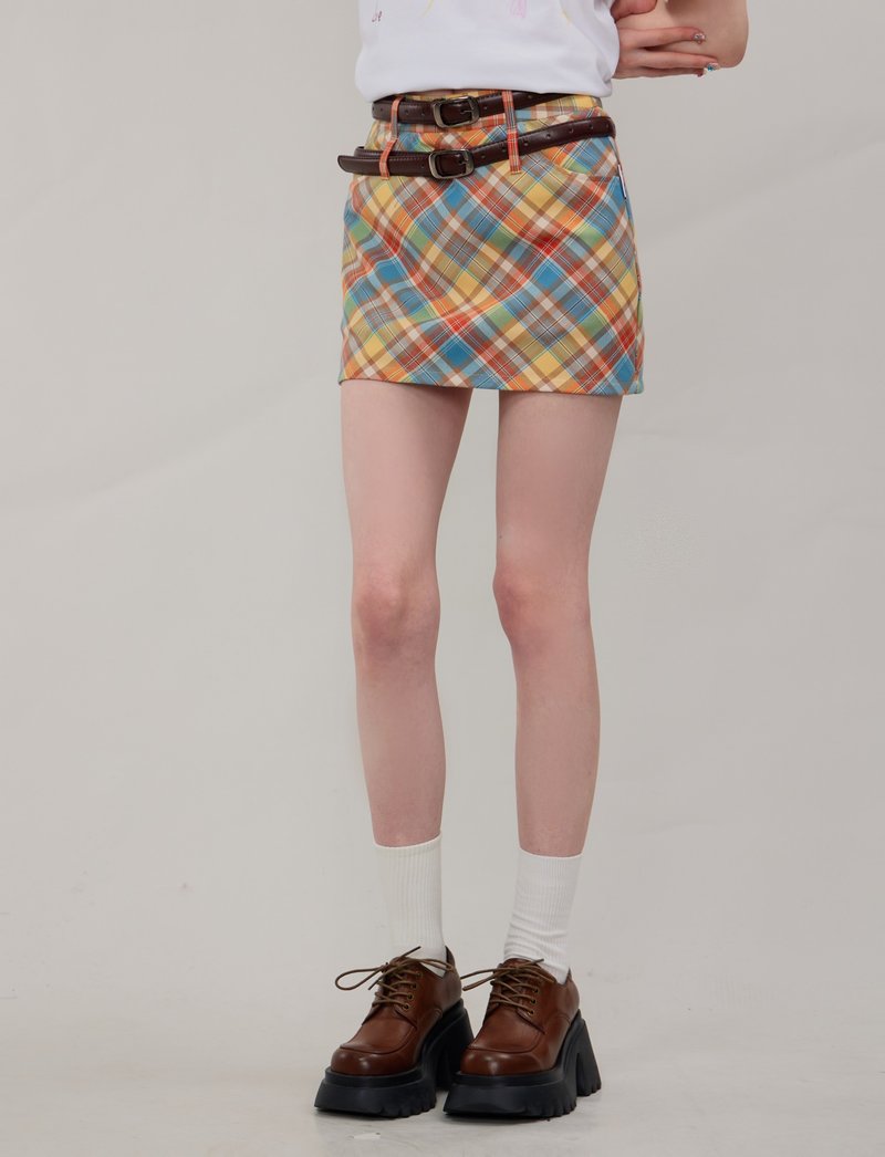 ziziFei summer American retro high waist slim dopamine color plaid a-line short skirt plaid skirt female - กระโปรง - วัสดุอื่นๆ สีเหลือง