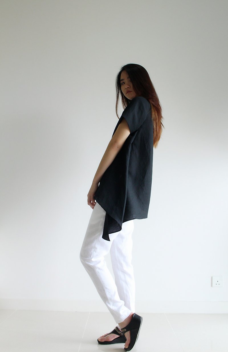 made to order linen blouse / clothing / casual / top / women /natural top E 28T - 女裝 上衣 - 亞麻 黑色