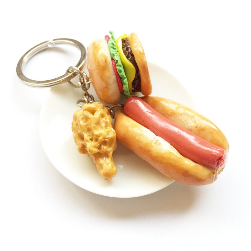 Keychain Hamburger + Fried Chicken + Hot Dog - 鑰匙圈/鑰匙包 - 黏土 粉紅色