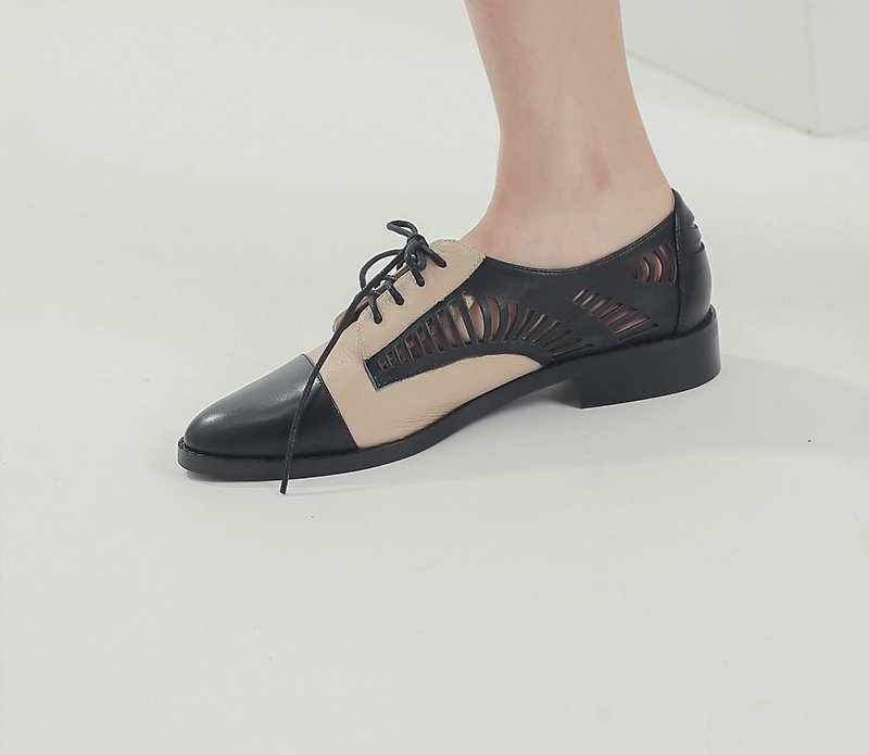 Hollow leather splice changes leather Oxford shoes apricot black - รองเท้าอ็อกฟอร์ดผู้หญิง - หนังแท้ สีดำ