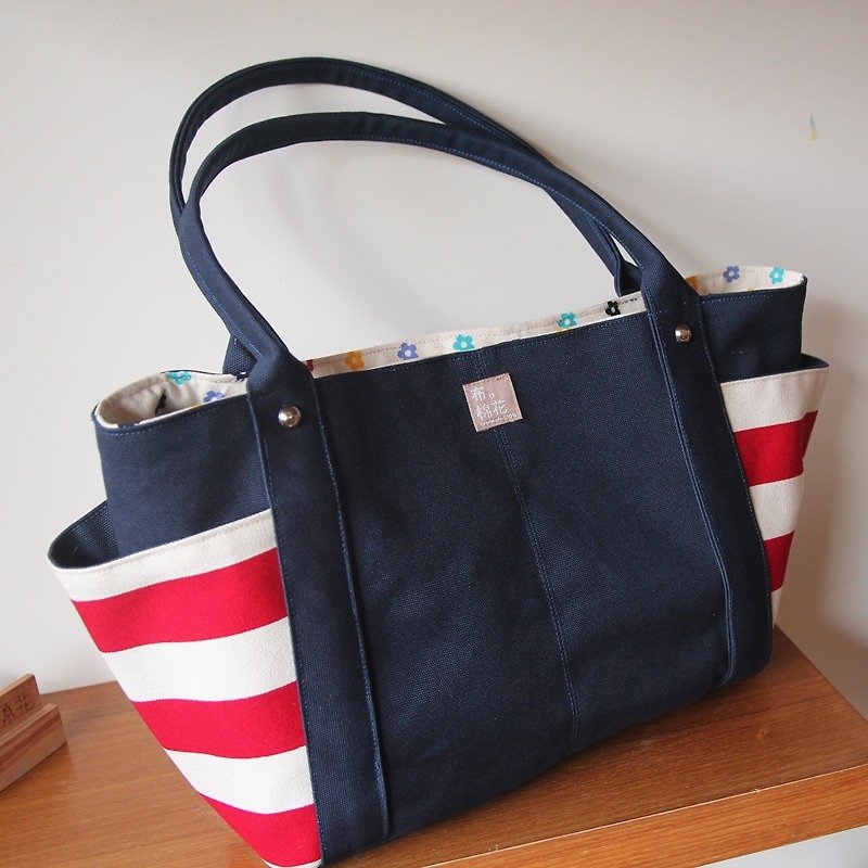  Canvas Shoulder bag, large capacity, deep blue and Red  Horizontal stripes - กระเป๋าถือ - ผ้าฝ้าย/ผ้าลินิน สีน้ำเงิน