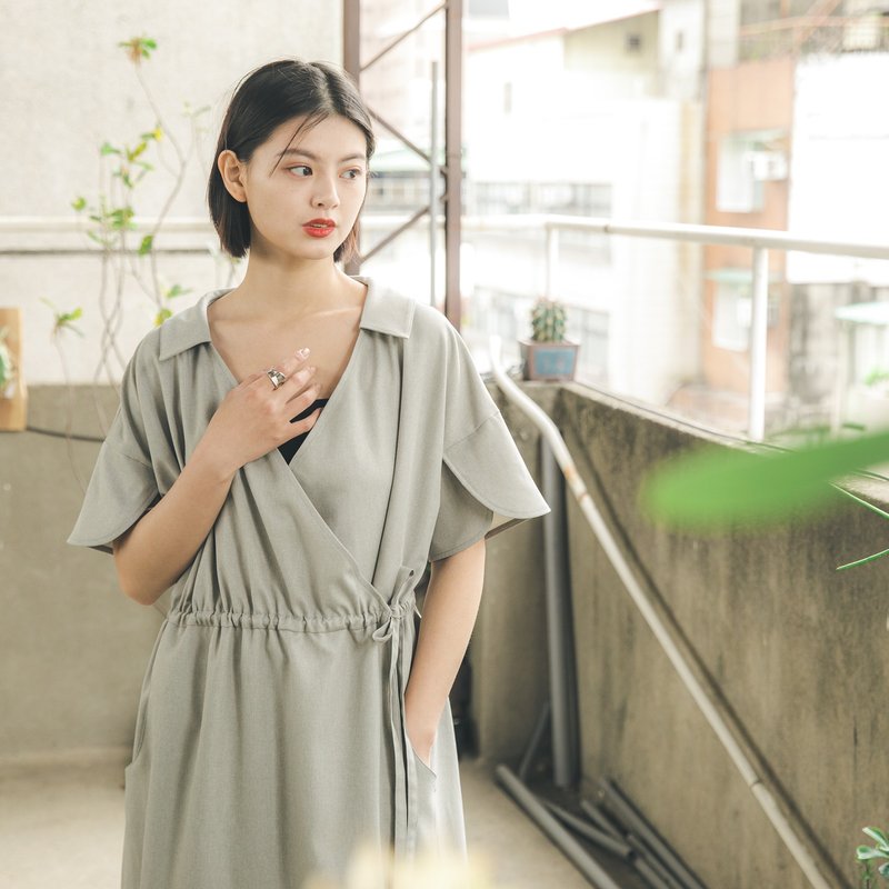 //SUMI x WEARMACAU// Yanfei_煙霏和服式洋裝_21SF104_療癒綠 - 洋裝/連身裙 - 聚酯纖維 綠色
